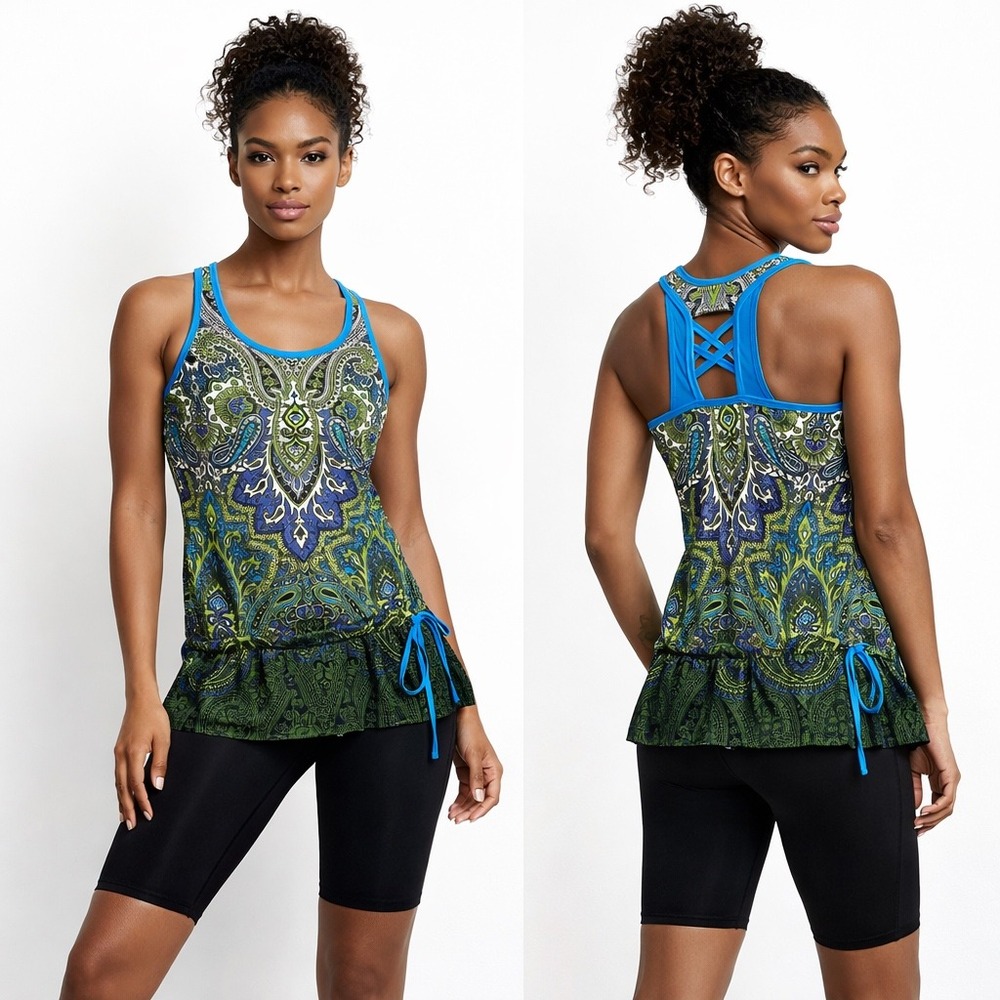 Athleta Blue Green‎ Paisley Peplum Tank Top XS Resort Boho Tenniscore